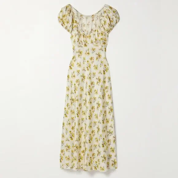 Doen Florencia Silk Short Puff Sleeve Midi Dress Yellow Gold Frolicking Floral